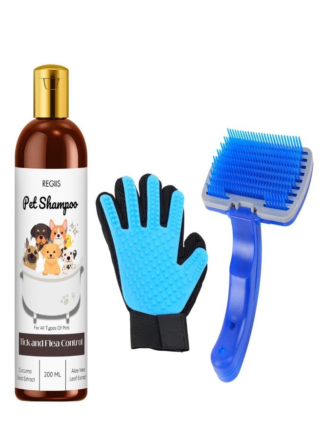 مجموعة العناية بالحيوانات الأليفة مع شامبو لمكافحة القراد والبراغيث، 200 مل، وفرشاة إزالة الشعر المتساقط الاحترافية وقفازات العناية بالكلاب (عبوة من 3 قطع)